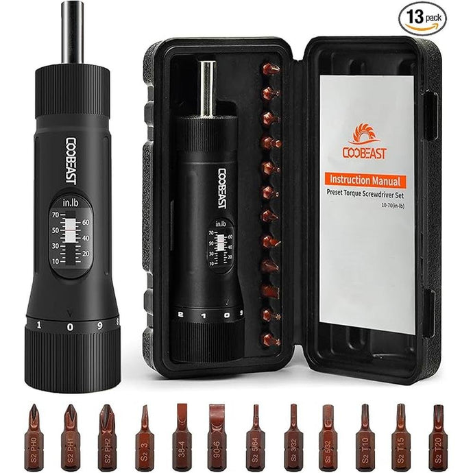 13Pcs Preset Torque Screwdriver with S2 Bits, 1/4” Drive Torque Wrench Screwdriver Set for Maintenance, Tools, Bike Repairing and Mounting, Inch Pound Torque Range 10-70 In-lb