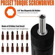 Load image into Gallery viewer, 13Pcs Preset Torque Screwdriver with S2 Bits, 1/4” Drive Torque Wrench Screwdriver Set for Maintenance, Tools, Bike Repairing and Mounting, Inch Pound Torque Range 10-70 In-lb
