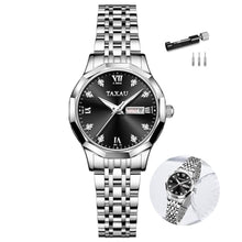 Load image into Gallery viewer, Taxau Women Waterproof Watches Silver Watch for Ladies Black Face with Deployment Clasp Date Day Large Roman Number, Water Resistant Stainless Steel Diamond Wrist Watch for Woman reloj para Mujer
