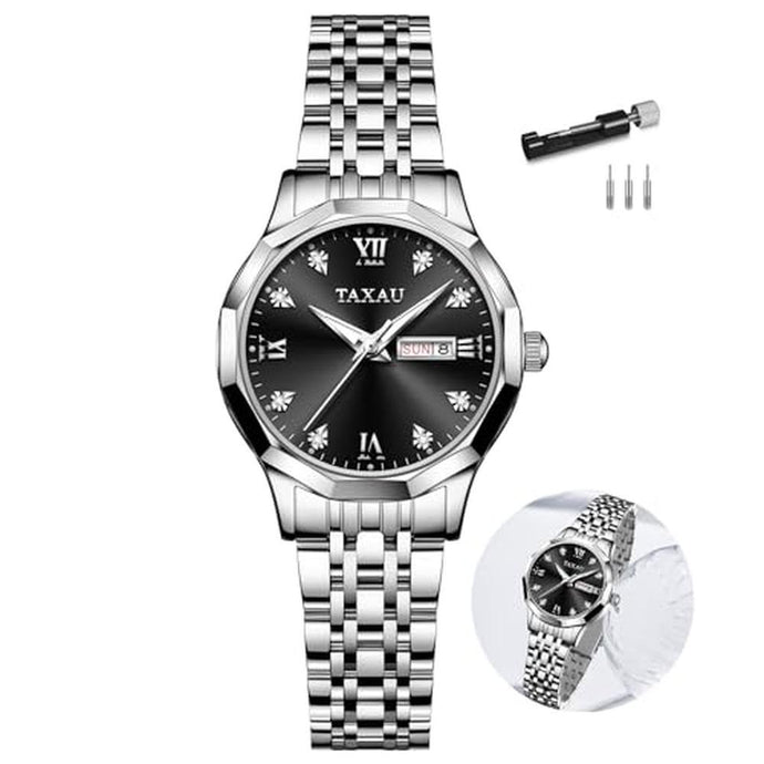 Taxau Women Waterproof Watches Silver Watch for Ladies Black Face with Deployment Clasp Date Day Large Roman Number, Water Resistant Stainless Steel Diamond Wrist Watch for Woman reloj para Mujer