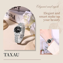 Load image into Gallery viewer, Taxau Women Waterproof Watches Silver Watch for Ladies Black Face with Deployment Clasp Date Day Large Roman Number, Water Resistant Stainless Steel Diamond Wrist Watch for Woman reloj para Mujer
