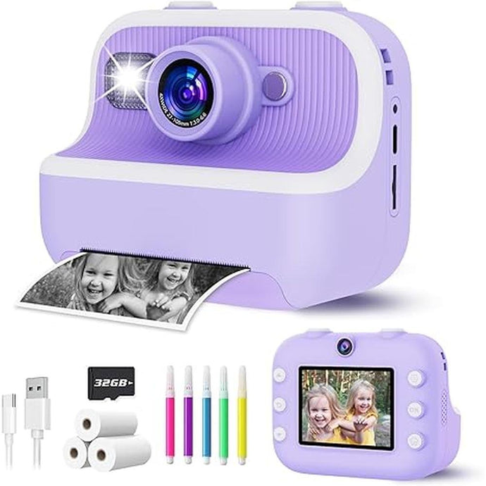 Instant Print Camera for Kids, Christmas Birthday Gifts for Girls Boys, Kids Camera Instant Print with Dual Camera 1080P Digital Camera Toys for 4 5 6 7 8 9 10 Year Old Girl with 32GB SD Card-Purple