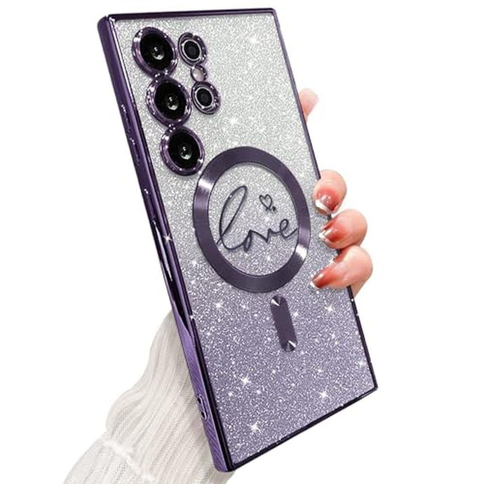 ZONRW for Samsung Galaxy S24 Ultra Case Magnetic,for Women Girl Soft Cute Luxury Love Heart Plating Bling Gradient Glitter Clear Phone Case Compatible with MagSafe Shockproof Back Cover 6.8”-Purple