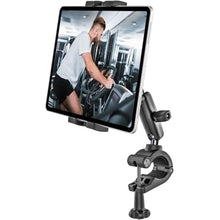 Load image into Gallery viewer, woleyi Tablet Holder for Treadmill/Peloton/Spin Bike/Exercise Bike/Pole Stroller/Stationary Indoor Bicycle/Elliptical/Gym Equipment, Compatible with 4.7-13" iPad Pro/Air/Mini/Galaxy Tab/Z Fold/E-Book
