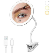 Load image into Gallery viewer, 6.5&quot; Clip on Vanity Makeup Mirror with Light, gooseneck Travel Plane Mirror,USB Recharge (White)
