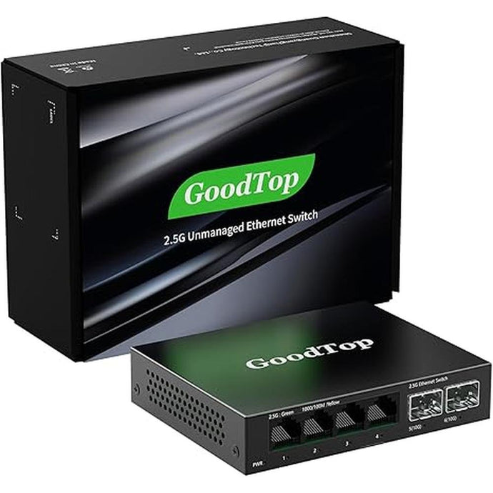 4 Port 2.5Gb Unmanaged Ethernet Switch with 2 x 10G SFP+,4 x 2.5G Base-T Port Compatible with 10/100/1000Mbps,60Gbps Switching Capacity,Metal Fanless Multi-Gigabit Homelab Setup Network Switch