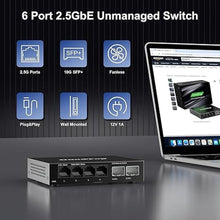 Load image into Gallery viewer, 4 Port 2.5Gb Unmanaged Ethernet Switch with 2 x 10G SFP+,4 x 2.5G Base-T Port Compatible with 10/100/1000Mbps,60Gbps Switching Capacity,Metal Fanless Multi-Gigabit Homelab Setup Network Switch
