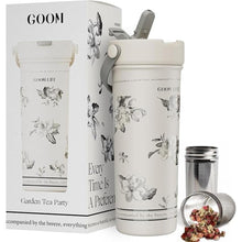 Load image into Gallery viewer, GOOM 20 oz Spill Proof Tumbler with Lid and Straw, Top Handle, Extended Tea Infuser, 18/10 Stainless Steel, Insulated Hot &amp; Cold Brew Gifts for Mom Women Her, Teacher Gifts - Floral White
