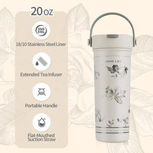 Load image into Gallery viewer, GOOM 20 oz Spill Proof Tumbler with Lid and Straw, Top Handle, Extended Tea Infuser, 18/10 Stainless Steel, Insulated Hot &amp; Cold Brew Gifts for Mom Women Her, Teacher Gifts - Floral White
