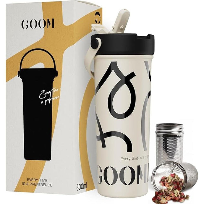 GOOM 20 oz Spill Proof Tumbler with Lid and Straw, Top Handle, Extended Tea Infuser, 6-Layer Insulation 18/10 Stainless Steel, Christmas Gifts for Mom Women Man Her, Teacher Gifts - White
