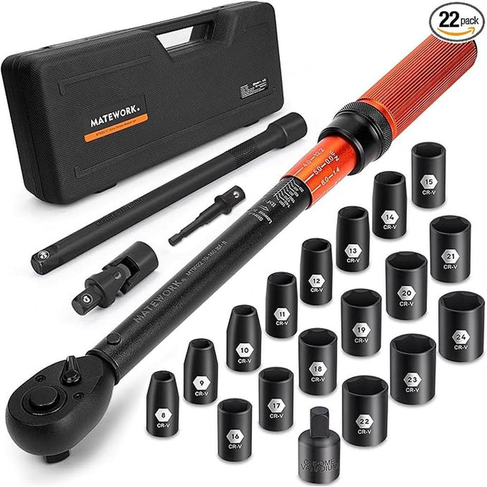1/2-Inch Drive Torque Wrench Set 22PCS, 10-160FT.LB/10-227Nm, Click Torque Wrench Socket Set, 72-Tooth Dual-direction, ±3% Precision Adjustable Torque Wrench for Lug Nut, Bicycle, Moto, Car