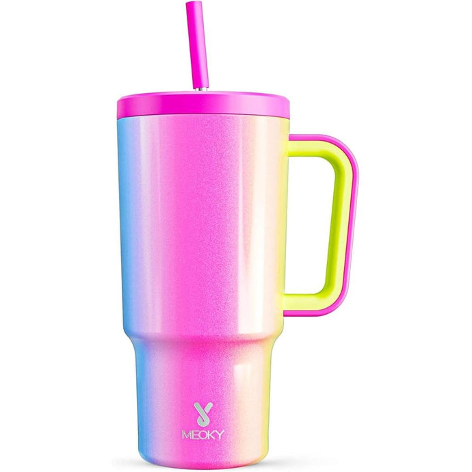 Meoky 30 oz Tumbler with Handle, Tumbler with Lid and Straw, Insulated Stainless Steel Travel Mug, 100% Leak-proof, Cupholder Friendly, Keeps Cold for 24 Hours or Hot for 8 Hours (Carnival)