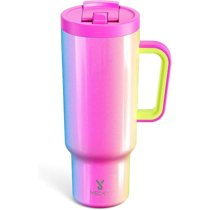 Meoky 40 oz Tumbler with Handle and Flip Straw, 100% Leakproof Tumbler with Lid and Straw, Stainless Steel Insulated Cup, Cupholder Friendly, Keeps Cold for 34 Hours (Carnival)