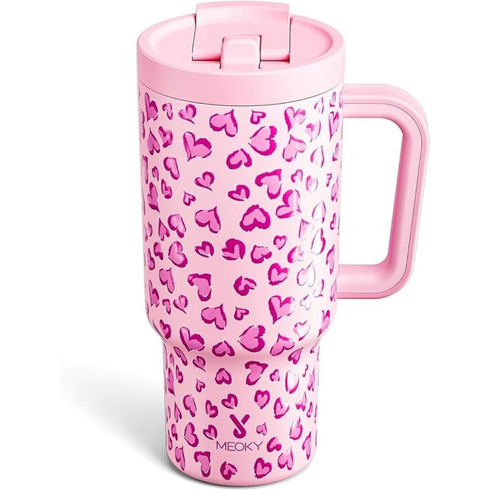 Meoky 32 oz Tumbler with Handle and Flip Straw, 100% Leakproof Tumbler with Lid and Straw, Stainless Steel Insulated Cup, Cupholder Friendly, Keeps Cold for 24 Hours (Love)