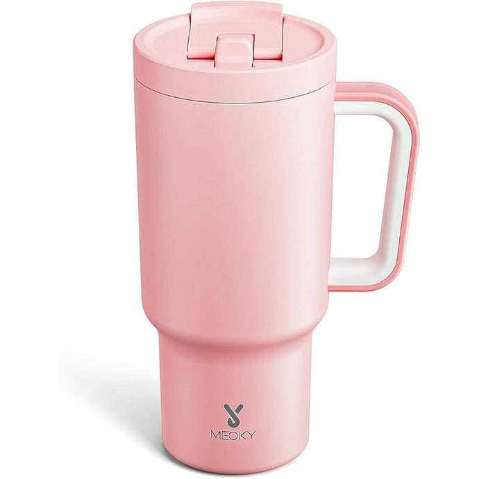 Meoky 32 oz Tumbler with Handle and Flip Straw, 100% Leakproof Tumbler with Lid and Straw, Stainless Steel Insulated Cup, Cupholder Friendly, Keeps Cold for 24 Hours (Blush)