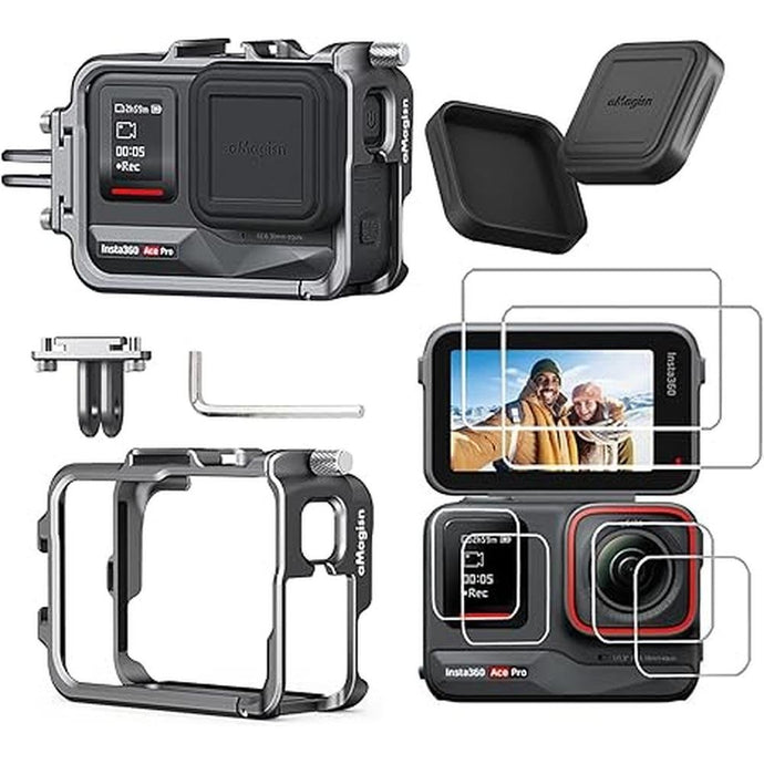 Aluminum Metal Frame Cage Case with Silicone Lens Cap and Screen Protector for Insta360 ACE PRO Camera Accessories Kit