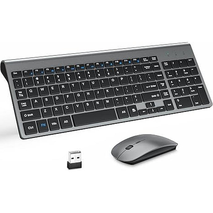 Wireless Keyboard and Mouse with Mouse Pad Ultra Slim Combo, MOOJAY 2.4G USB Quiet Compact Scissor Switch Keyboard Mice Set with Cover, 2 AA and 2 AAA Batteries, for Laptop/PC/Windows - Gray Black