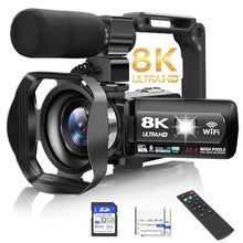 Load image into Gallery viewer, Video Camera, 8K Camcorder 48MP 15FPS UHD WiFi Vlogging Camera with IR Night Vision for YouTube, 3" Touch Screen 18X Digital Zoom, with Fill Light, Mic, Stabilizer, Lens Hood, Remote and 2 Batteries
