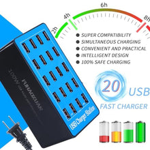 Load image into Gallery viewer, USB Charging Station,100W 20-Port Multi Device Charger with Intelligent Safety Features,Charging Station for Multiple Devices Phone,Watch,Pad,Speakers,Headphones,PS Compact for Home,Office,Travel
