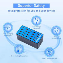 Load image into Gallery viewer, USB Charging Station,100W 20-Port Multi Device Charger with Intelligent Safety Features,Charging Station for Multiple Devices Phone,Watch,Pad,Speakers,Headphones,PS Compact for Home,Office,Travel
