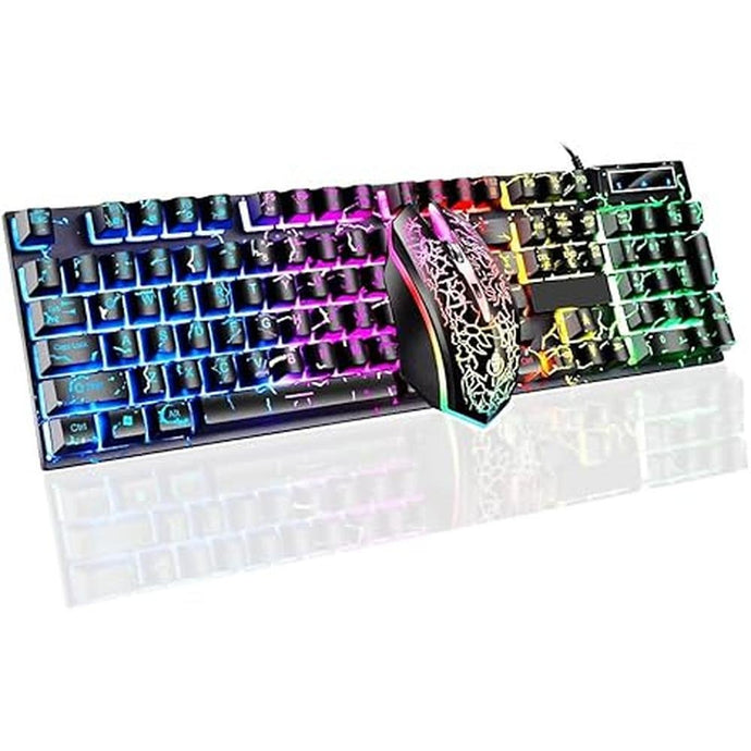 Wired Crack Rainbow Gaming Keyboard and Mouse Combo, 104 Keys Light Up Mechanical Feeling Computer Keyboard for Windows, Laptop, PC Gamers Office Device, Travel, Business Trip,Woking(Black)