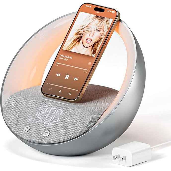 Bluetooth Alarm Clock, Sunrise Simulation Wake Up Night Light, 15W Fast Wireless Charging Alarm Clock for Bedroom, 10W Bluetooth Stereo Sound Speaker, USB Charger Port
