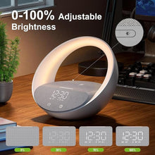 Load image into Gallery viewer, Bluetooth Alarm Clock, Sunrise Simulation Wake Up Night Light, 15W Fast Wireless Charging Alarm Clock for Bedroom, 10W Bluetooth Stereo Sound Speaker, USB Charger Port
