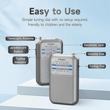Load image into Gallery viewer, Pocket Battery AM FM Radio Portable, Mini Transistor Radio with Excellent Reception, Tuning Knob with Signal Indicator, AAA Battery Operated for ICE Storms&amp;Walking, DE333 by PRUNUS
