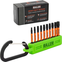 Load image into Gallery viewer, Railer Torx Bit Set - Premium S2 Steel 2 Inch Impact Driver 10-Piece 6 Star Bit Set With A Tool Storage Bit Holder &amp; Carabiner (Hi-Vis Green Bitrail, Standard Bitrail)
