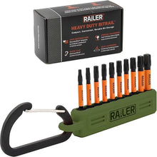 Load image into Gallery viewer, Railer Torx Bit Set - Premium S2 Steel 2 Inch Impact Driver 10-Piece 6 Star Bit Set With A Tool Storage Bit Holder &amp; Carabiner (Camo Green Bitrail, Standard Bitrail)
