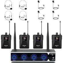 Load image into Gallery viewer, Pro Wireless Microphone System 4 Channel, UHF Cordless Handheld Headset Lavalier Lapel Mics for Church Karaoke Singing, 4x50 Adjustable Frequency(G8 Battery 4 Bodypack)
