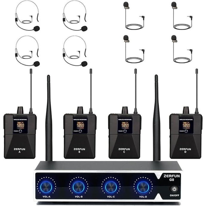 Pro Wireless Microphone System 4 Channel, UHF Cordless Handheld Headset Lavalier Lapel Mics for Church Karaoke Singing, 4x50 Adjustable Frequency(G8 Battery 4 Bodypack)