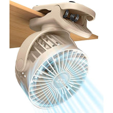 Load image into Gallery viewer, Portable Mini Fan Rechargeable Battery Powered, Small Stroller Fan for Desk, Strong Clamp Grip, 360° Rotation, 3-Speed, LED Display, Personal Clip On Cooler for Bed, Golf Cart, Office, Beige
