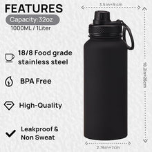 Load image into Gallery viewer, Black 32 oz Insulated Water Bottle, Large Metal Stainless Steel Water Flask, Big Sports Travel Mens Water Bottle for Gym,Hiking,1 liters Leakproof Insulated Thermal Bottle with 2 Lids
