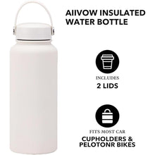 Load image into Gallery viewer, White 32 oz Insulated Water Bottle, Large Metal Stainless Steel Water Flask, Big Sports Travel Mens Water Bottle for Gym,Hiking,1 liters Leakproof Insulated Thermal Bottle with 2 Lids
