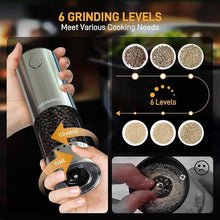 Load image into Gallery viewer, Electric Salt and Pepper Grinder Set, Rechargeable with LED Lights, Stainless Steel Automatic Pepper &amp; Salt Mill, Adjustable Coarseness, Large Capacity, Silver
