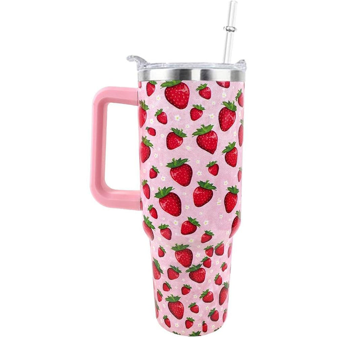 Strawberry Cup 40 OZ Tumbler with Handle and Straw Lid Leak Proof - Strawberry Travel Coffee Mug with Handle Insulated for Hot Cold Ice - Birthday Gifts for Women Stainless Steel Cup