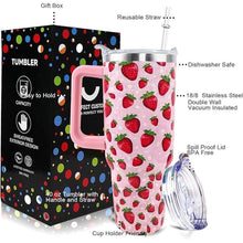 Load image into Gallery viewer, Strawberry Cup 40 OZ Tumbler with Handle and Straw Lid Leak Proof - Strawberry Travel Coffee Mug with Handle Insulated for Hot Cold Ice - Birthday Gifts for Women Stainless Steel Cup
