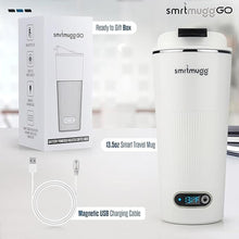 Load image into Gallery viewer, GO Heated Coffee Mug, Travel Mug, 13.5 OZ. Smart Mug, Battery Powered Heated Coffee Mug, Great for Coffee and Tea, Snap on Magnetic Charging Cord, New and Improved (White)
