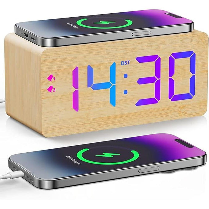 Wooden Digital Alarm Clock with Fast Wireless Charger, Dual USB Charging Ports, DST, Dimmable, Snooze, RGB Large Number Display LED Clock for Bedrooms, Living Room, Desk, Table, Bedside(Bamboo)