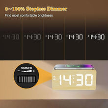 Load image into Gallery viewer, Wooden Digital Alarm Clock with Fast Wireless Charger, Dual USB Charging Ports, DST, Dimmable, Snooze, RGB Large Number Display LED Clock for Bedrooms, Living Room, Desk, Table, Bedside(Bamboo)
