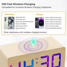 Load image into Gallery viewer, Wooden Digital Alarm Clock with Fast Wireless Charger, Dual USB Charging Ports, DST, Dimmable, Snooze, RGB Large Number Display LED Clock for Bedrooms, Living Room, Desk, Table, Bedside(Bamboo)
