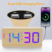 Load image into Gallery viewer, Wooden Digital Alarm Clock with Fast Wireless Charger, Dual USB Charging Ports, DST, Dimmable, Snooze, RGB Large Number Display LED Clock for Bedrooms, Living Room, Desk, Table, Bedside(Bamboo)
