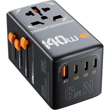 Load image into Gallery viewer, TESSAN 140W GaN Universal Travel Adapter, International Plug Adaptor with 3 USB C and 1 USB A Charging Ports, Worldwide Power Outlet for US to Europe UK AUS Ireland(Type C/G/A/I), Black
