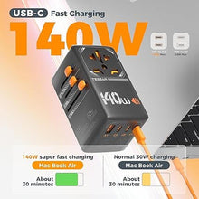 Load image into Gallery viewer, TESSAN 140W GaN Universal Travel Adapter, International Plug Adaptor with 3 USB C and 1 USB A Charging Ports, Worldwide Power Outlet for US to Europe UK AUS Ireland(Type C/G/A/I), Black
