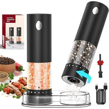 Load image into Gallery viewer, CIRCLE JOY Electric Salt and Pepper Grinder Set Rechargeable Salt and Pepper Mills with 6-Level External Adjustable Coarseness, White LED Light and Storage Base, Black
