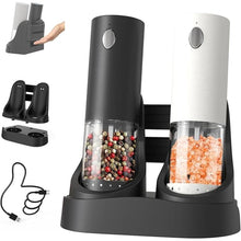 Load image into Gallery viewer, CIRCLE JOY Electric Salt and Pepper Grinder Set Automatic Salt and Pepper Grinder Set with Charging Base and White LED Light, Adjustable Coarseness, USB Rechargeable, Washable Container, White &amp; Black

