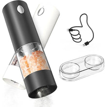 Load image into Gallery viewer, CIRCLE JOY Electric Salt and Pepper Grinder Set Rechargeable Salt and Pepper Mills with Storage Base, Adjustable Coarseness and LED White Light, Washable 95ml Container, Black &amp; White
