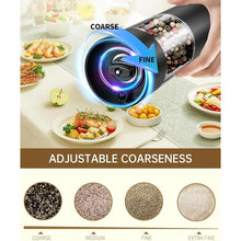 Load image into Gallery viewer, CIRCLE JOY Electric Salt and Pepper Grinder Set Rechargeable Salt and Pepper Mills with Storage Base, Adjustable Coarseness and LED White Light, Washable 95ml Container, Black &amp; White
