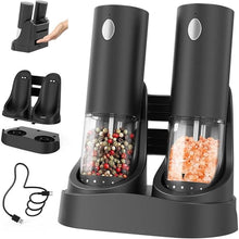 Load image into Gallery viewer, CIRCLE JOY Electric Salt and Pepper Grinder Set Automatic Salt and Pepper Grinder Set with Easy-to-Carry Charging Base and LED Light, Adjustable Coarseness, USB Rechargeable, Washable Container, Black
